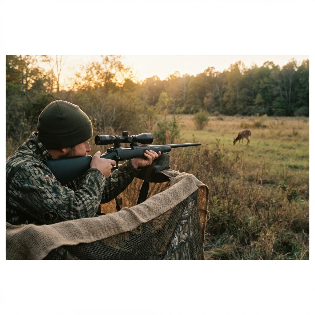 The Simmons scope mounted on a rifle used for deer hunting in an open field.