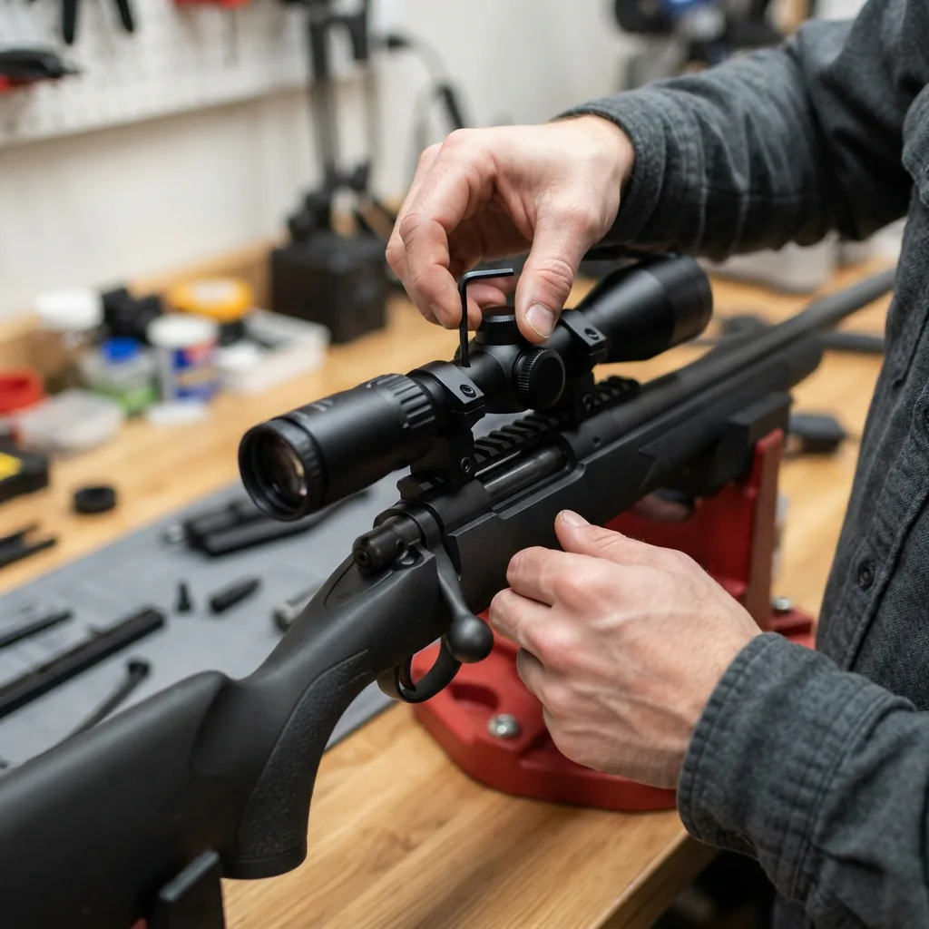 A new shooter carefully installing a scope onto a rifle using the scope rings.