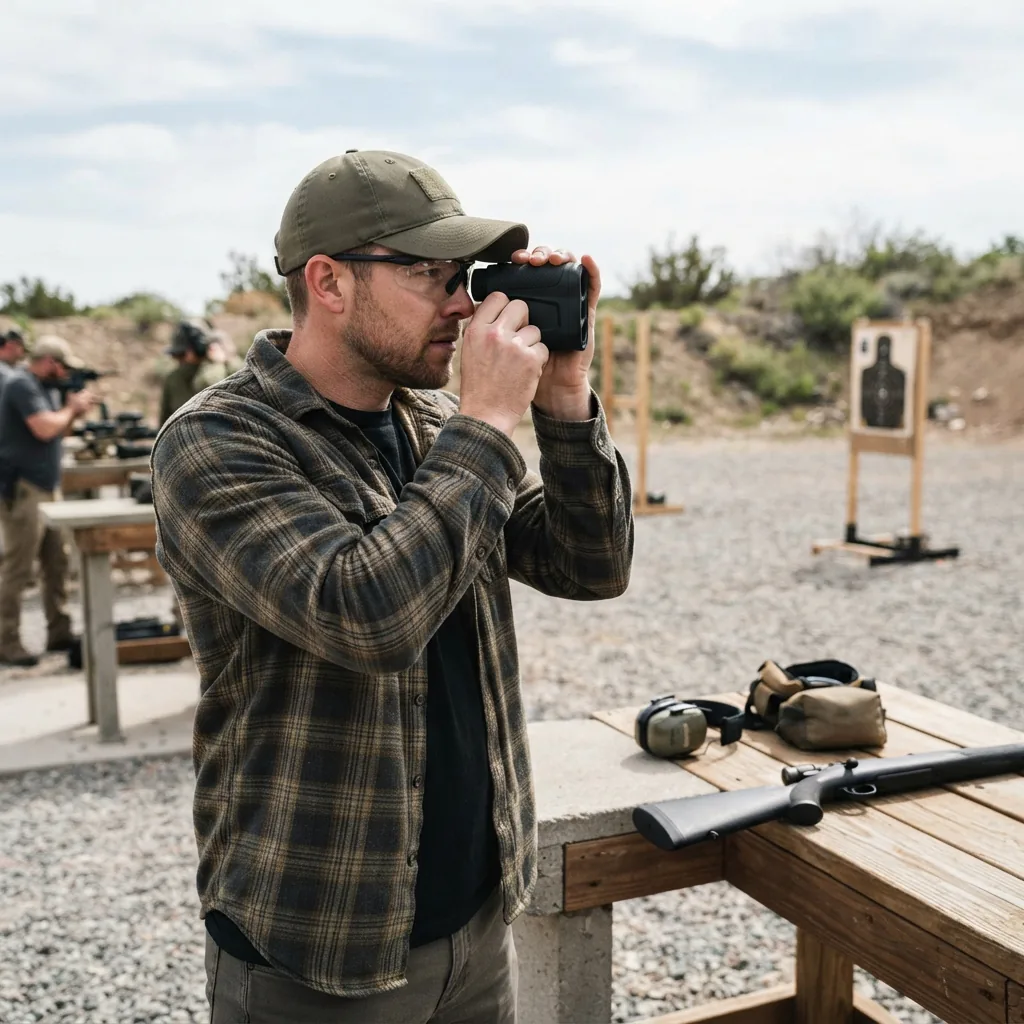 A person at a shooting range using the rangefinder to measure distance to a target.