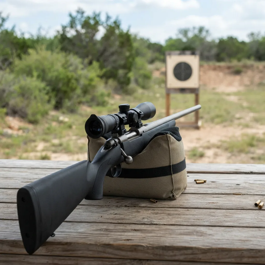 The Simmons riflescope mounted on a rifle resting on a sandbag at a shooting range bench.