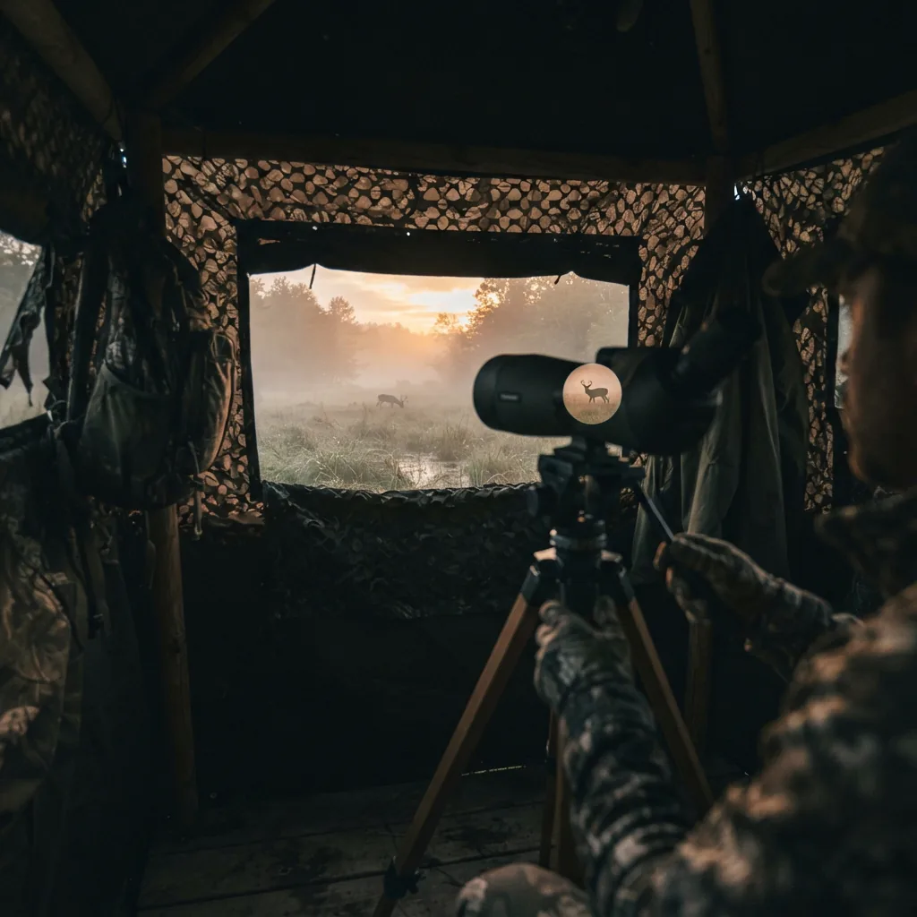 View from a hunting blind showing the Simmons Venture spotting scope on its tripod, aimed at a distant meadow at sunrise.