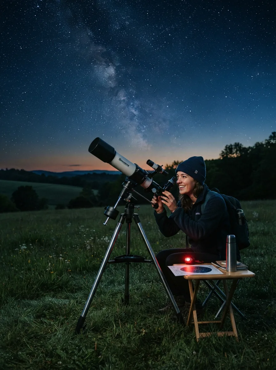 A Simmons refractor telescope set up under a clear night sky full of stars.