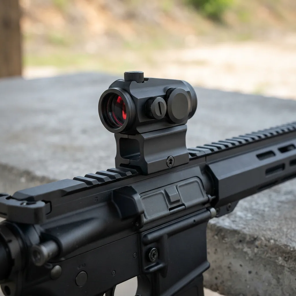 Simmons 1x25 Pro Target Reflex Red Dot Sight mounted on a rifle rail at a shooting range.