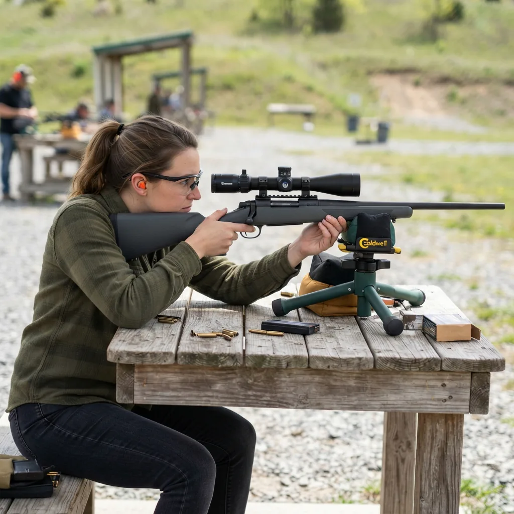 A new shooter at a shooting range bench, looking through the Simmons Pro Hunter riflescope mounted on a rifle.