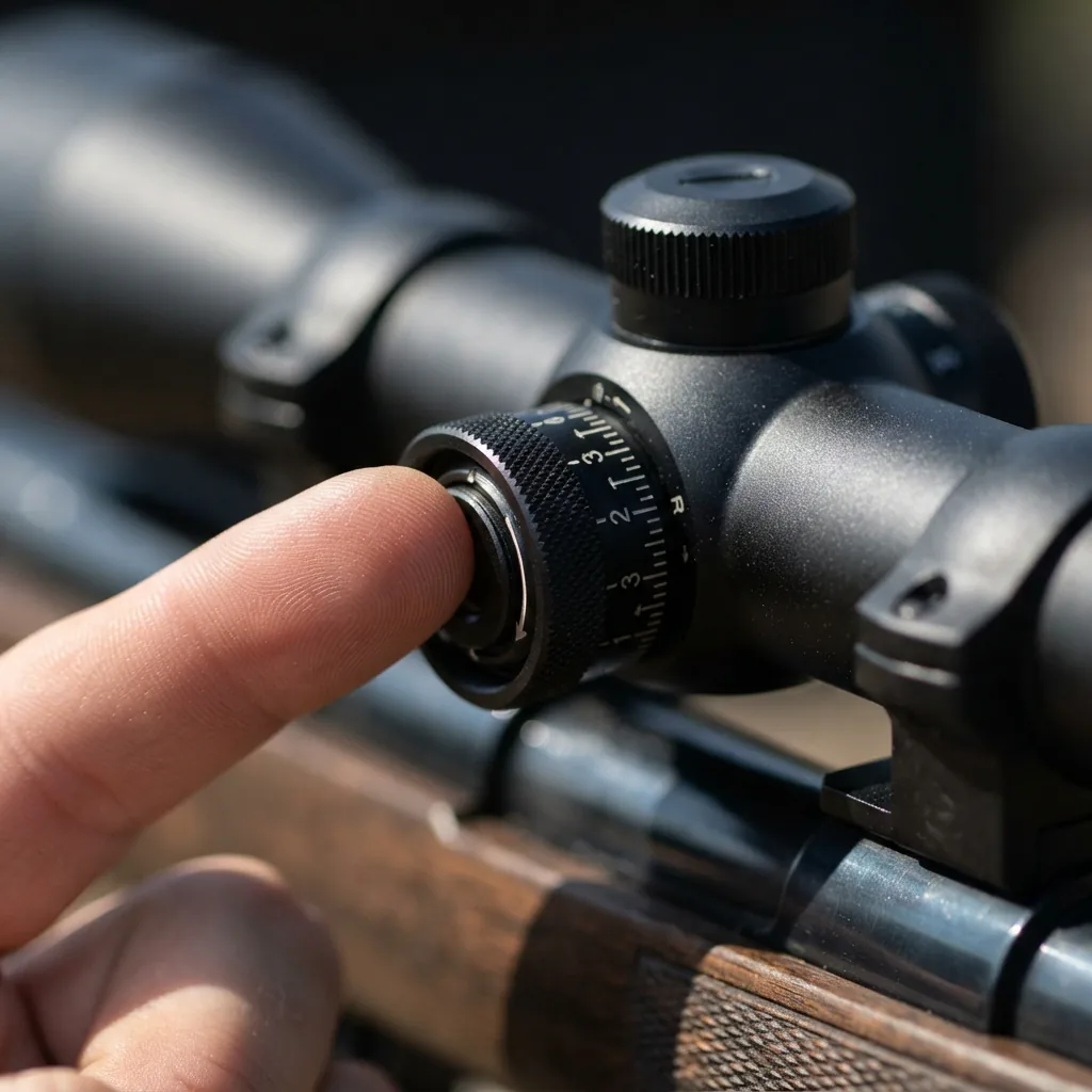 A finger making a small adjustment to the exposed windage turret of the Simmons Pro Rimfire scope.