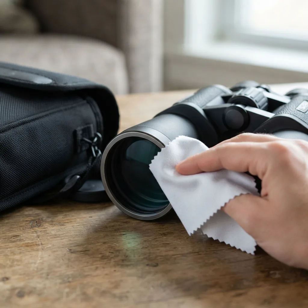 A soft cloth cleaning the lens of the Simmons 10x50 binoculars, which are partially in their protective case.