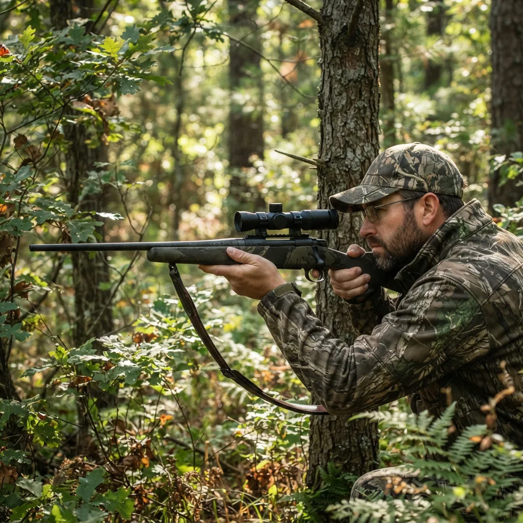 A hunter in camouflage, using a rifle with a red dot sight to scan a wooded area.