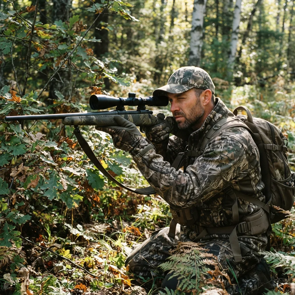 Hunter using a rifle with a Simmons Pro Hunter scope to scan a wooded landscape.
