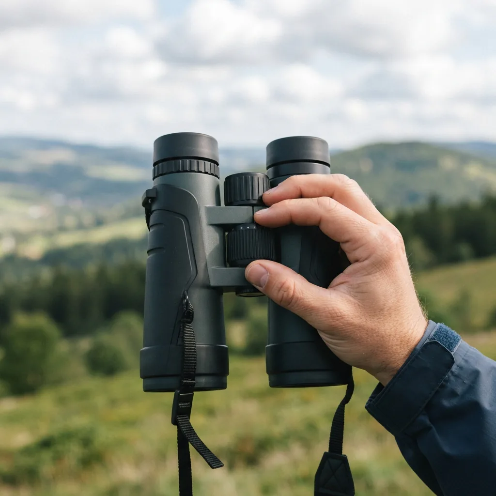Simmons 10-22x50 Zoom Binoculars being adjusted by a hand, showing the zoom mechanism.