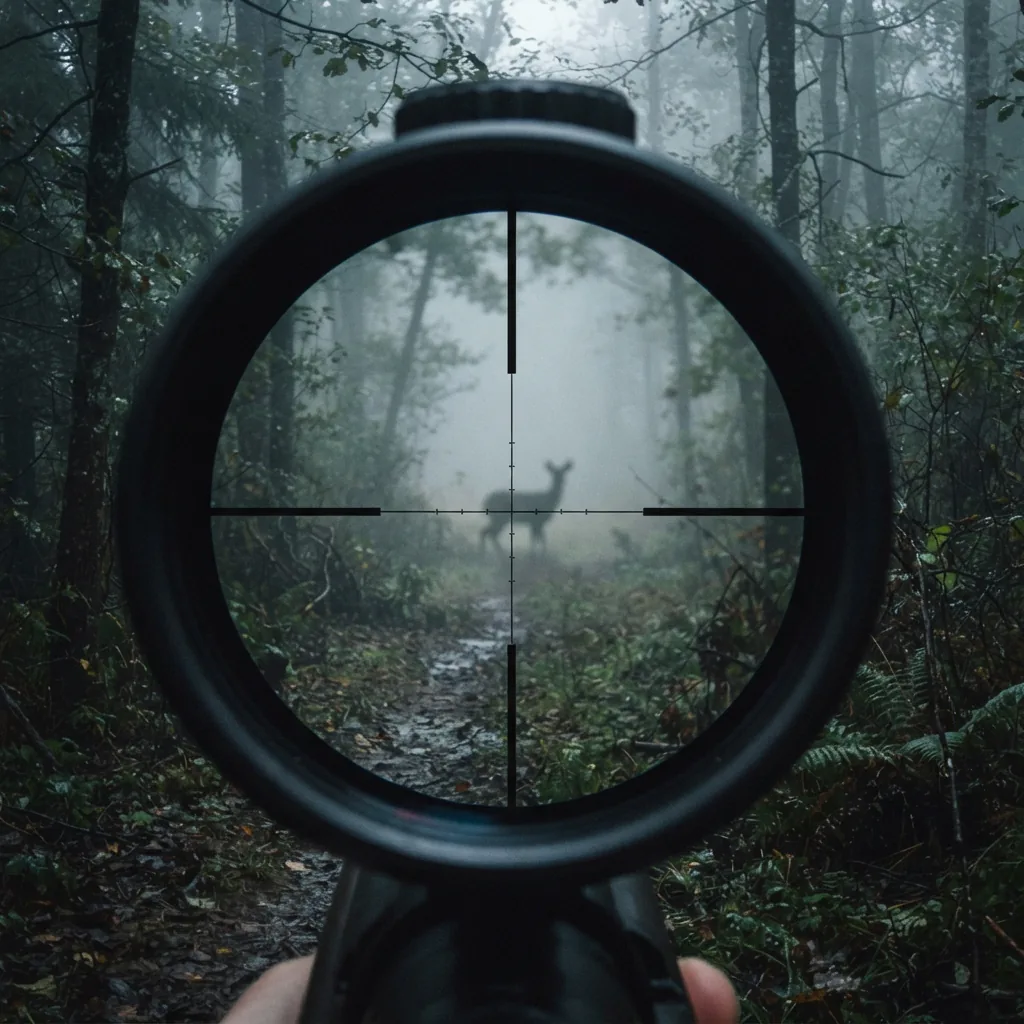 A hunter's perspective looking through a scope at a wooded trail at dawn.