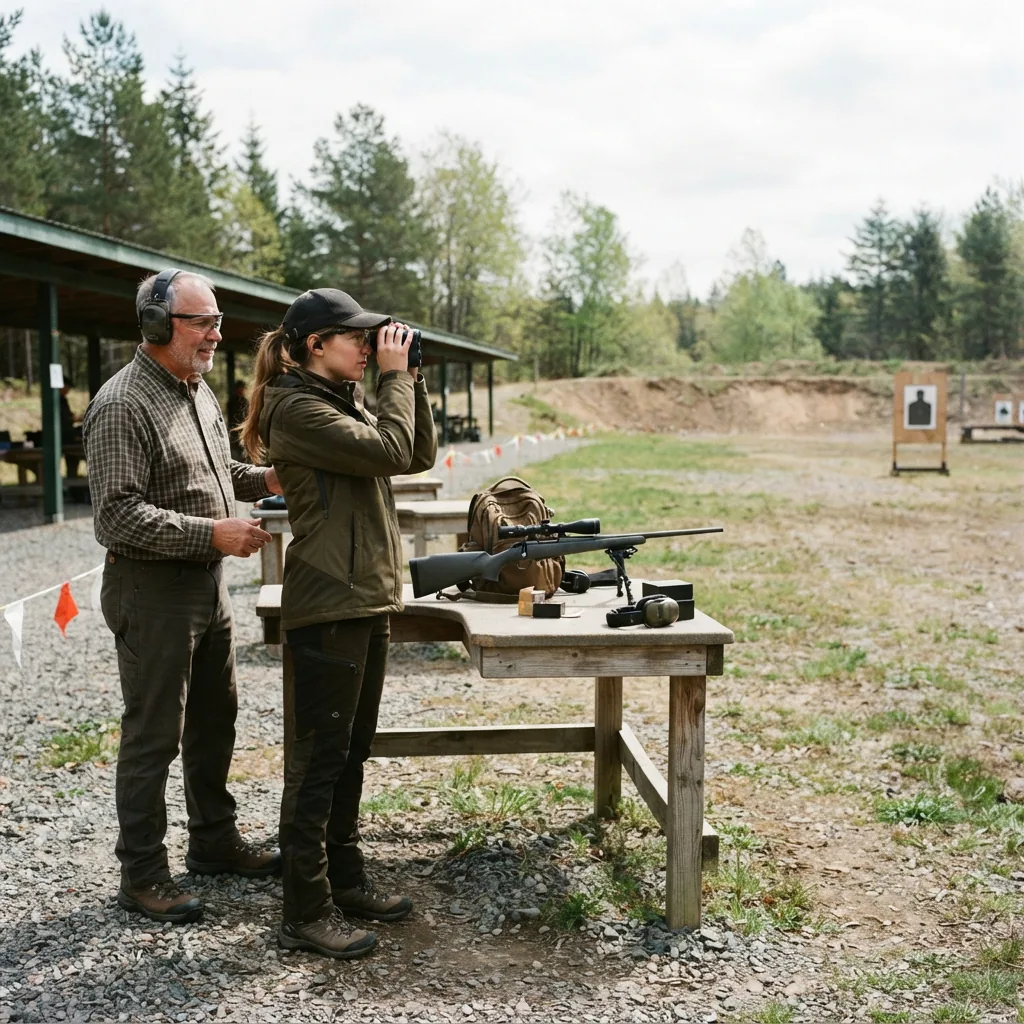 New hunter at the range using a rangefinder on a target.