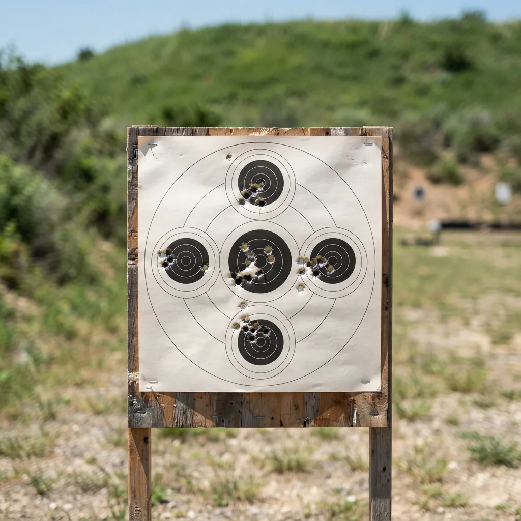 A paper target with multiple shot groups at a sunny outdoor shooting range.