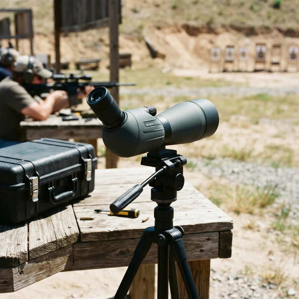 The Simmons Venture spotting scope set up on a bench at a shooting range, looking downrange at paper targets.