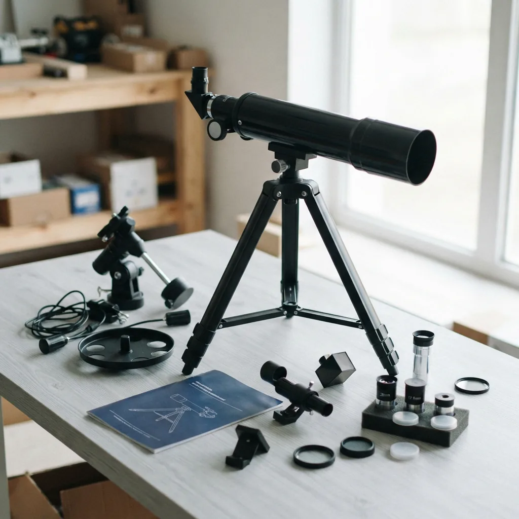A beginner telescope kit laid out with all its accessories like eyepieces and a finderscope.