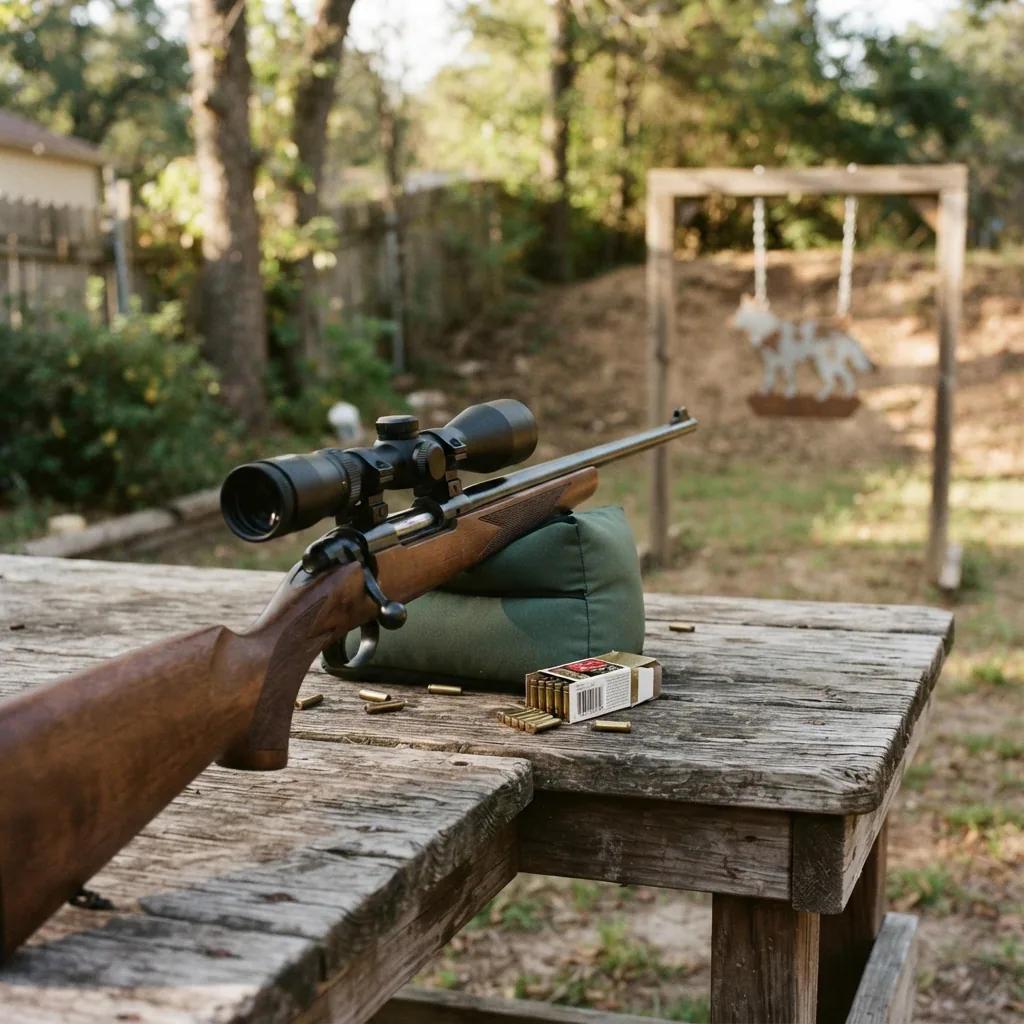 A casual backyard plinking setup with a rimfire rifle featuring the Simmons Pro Rimfire scope and a steel target.