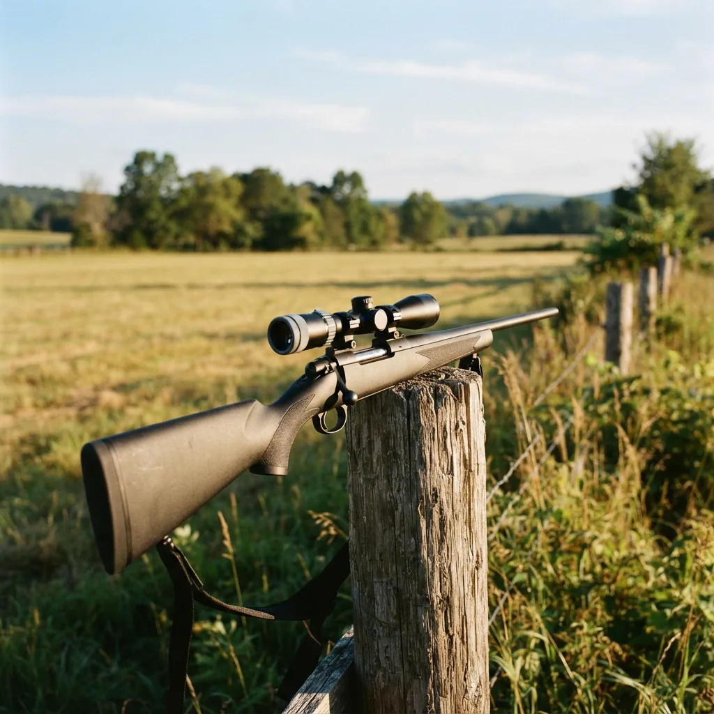 A rifle with the Simmons scope resting on a fence post, aimed towards an open field.