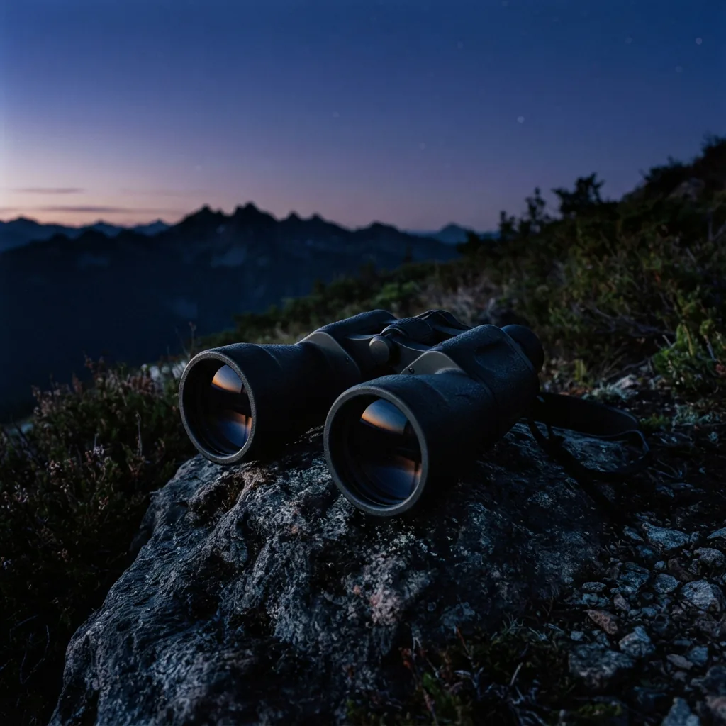 Simmons 8x56 HighPower Binoculars aimed towards a twilight sky.