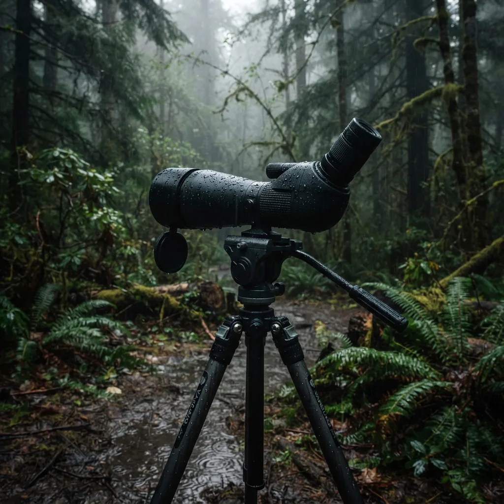 A Simmons Pro Hunter 20-60x60 spotting scope shown with water droplets on its body, highlighting its waterproof feature.