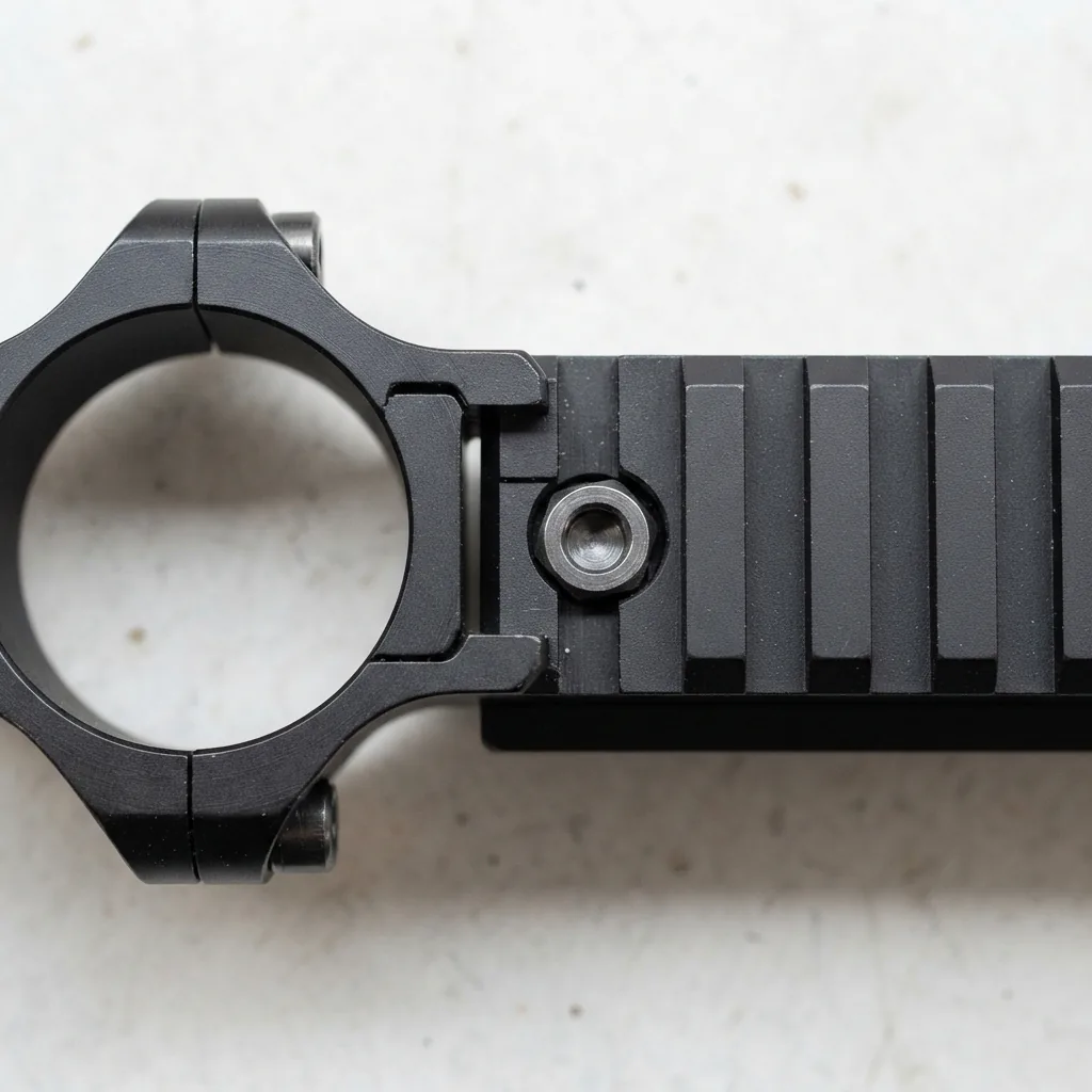 A top-down view of a Weaver-style scope ring base and a solid steel ring.