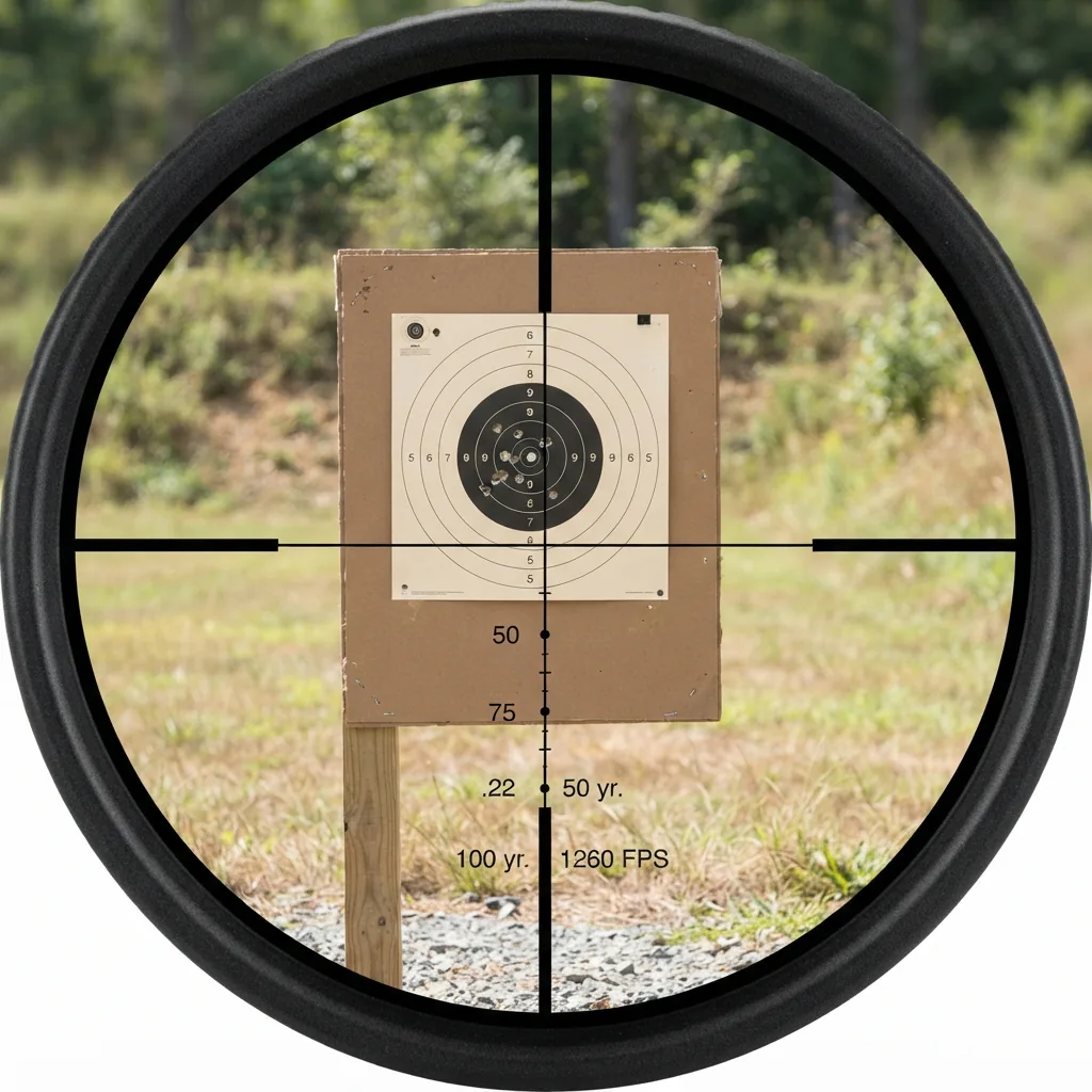 A view through the Simmons Pro Rimfire scope showing the .22 Drop Zone reticle centered on a 50-yard target.