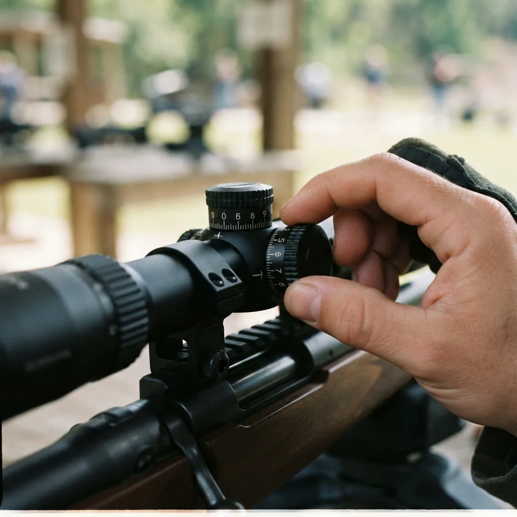 A close-up of a hand making precise clicks on the exposed windage turret of the Simmons ProTarget riflescope.