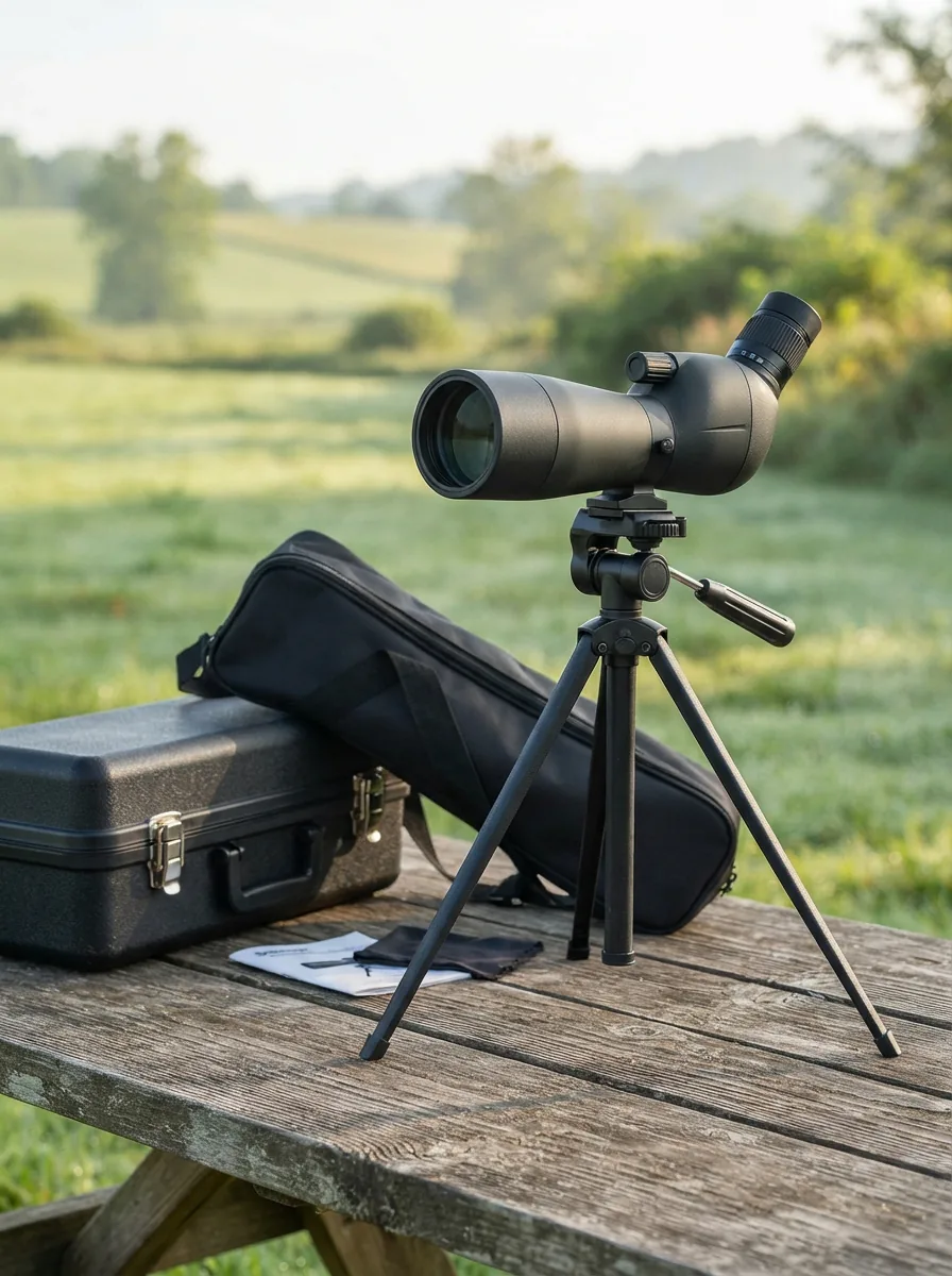 Simmons Venture 20-60x60 spotting scope with tripod, hard case, and soft case on a rustic outdoor surface.