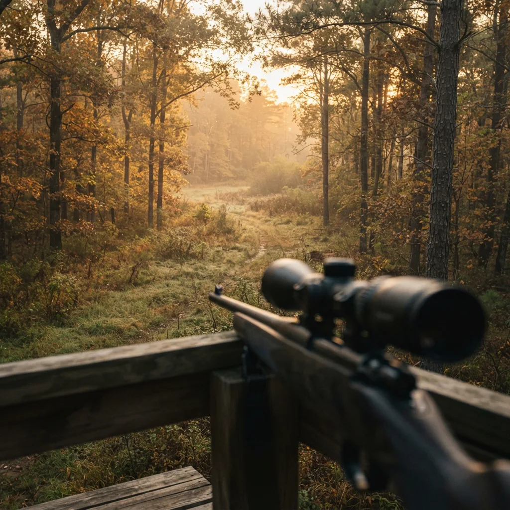 A hunter in a tree stand overlooking a forest clearing at dawn, with a scoped rifle resting nearby.