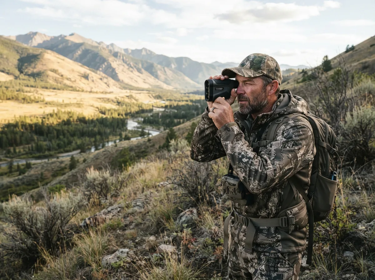 Simmons Pro Hunter 1000 Yard Range Finder being used to range a distant hillside target.