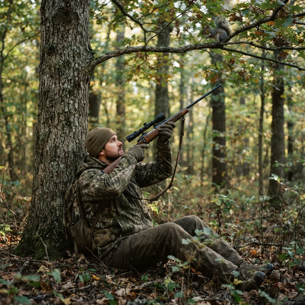 A hunter in a wooded area, aiming a rifle with the Simmons scope at a squirrel.