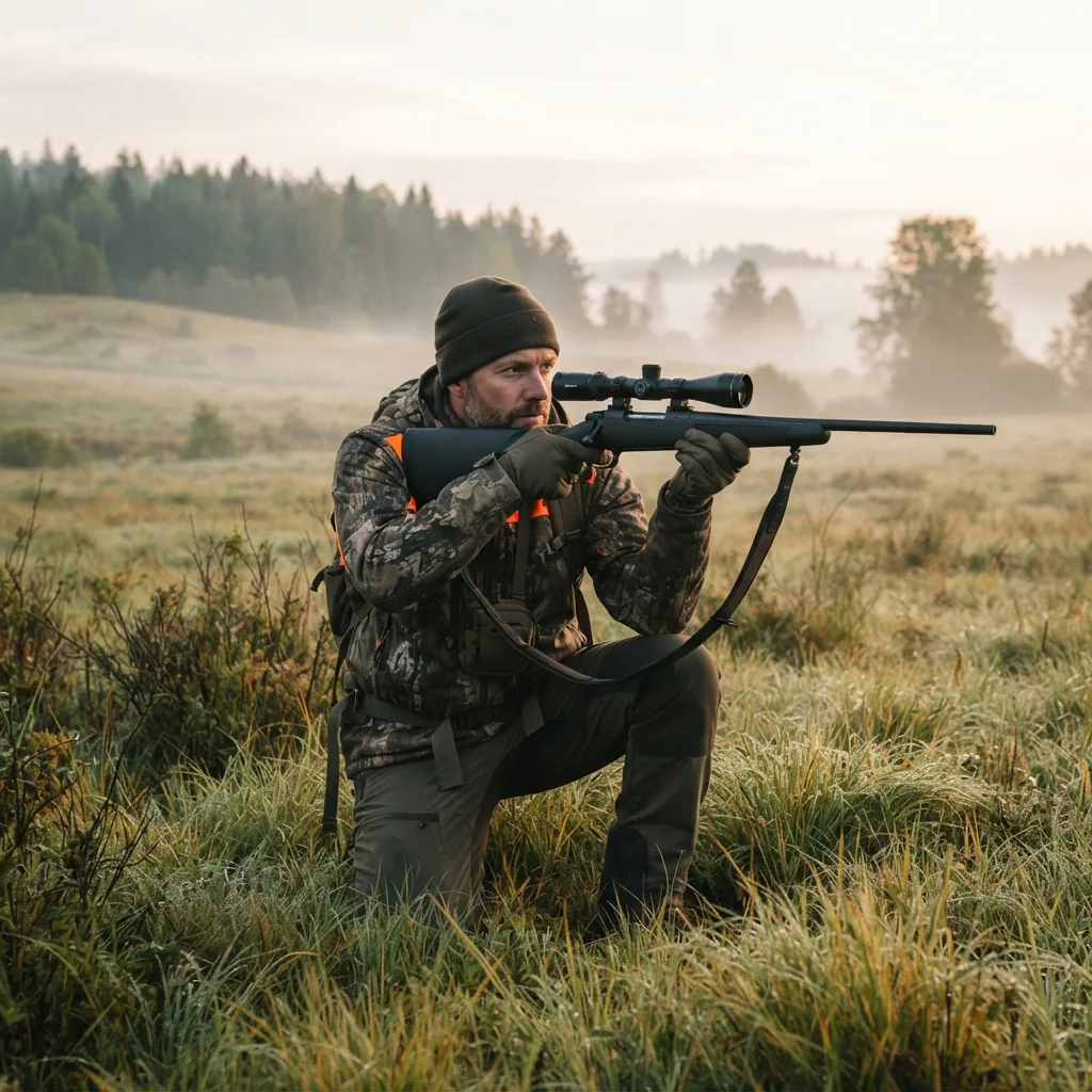 A hunter in camouflage holding a rifle with a Simmons Pro Rimfire Riflescope in a grassy field at dawn.