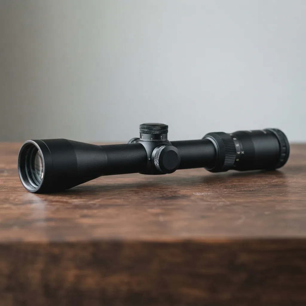 Simmons Pro Rimfire 3-9x32mm riflescope on a wooden surface.