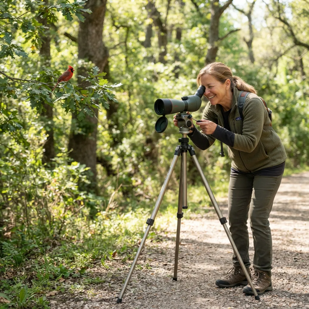 A birder smiling while looking through a spotting scope at a colorful bird perched in a tree.