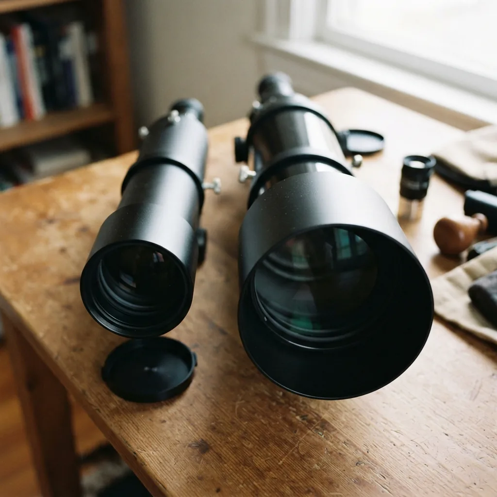 A close-up comparison of two telescope lenses showing different aperture sizes.