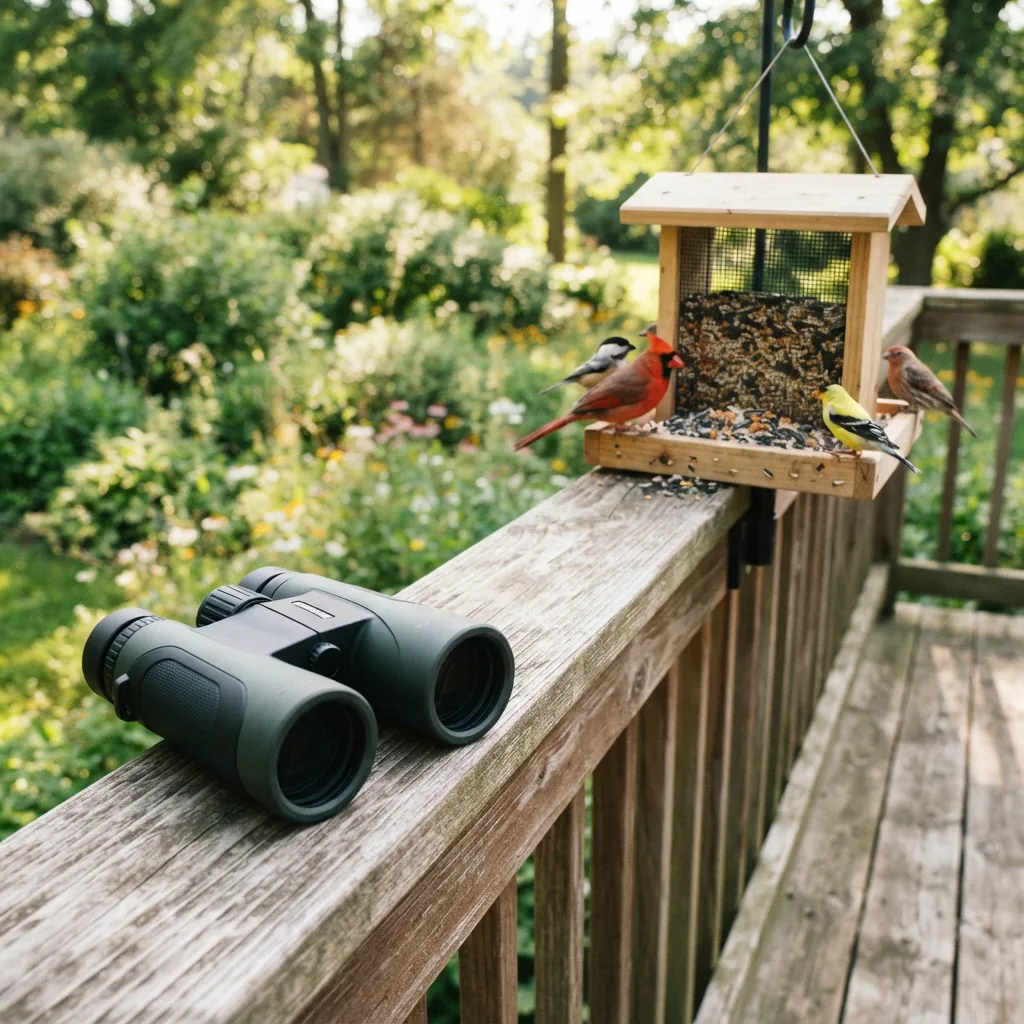 A pair of binoculars pointed towards a bird feeder on a wooden deck.
