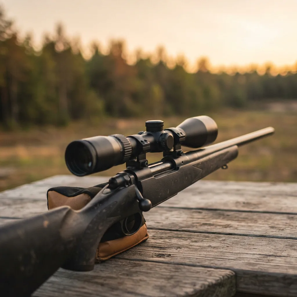 Simmons Pro Hunter 3-9x50mm Riflescope positioned on a rifle at a shooting bench during golden hour lighting