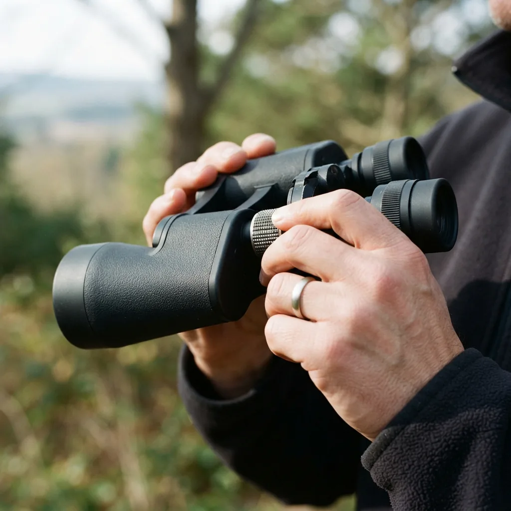 A pair of hands turning the central focus knob on the Simmons 10x50 binoculars while looking through them.