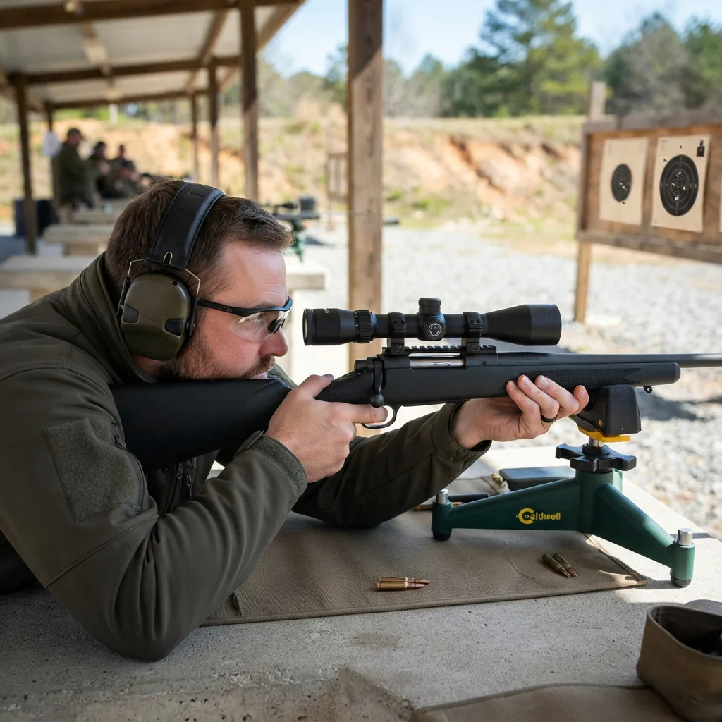 A person at a shooting range bench, using a rifle with the mounted Simmons scope to aim at targets.