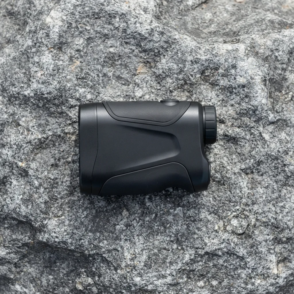 Simmons Pro Hunter 1000 YD Laser Range Finder displayed on a natural rock surface.