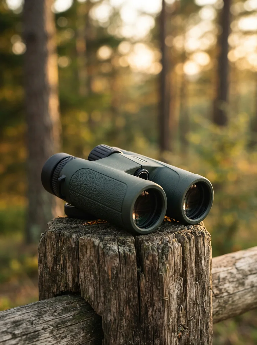 The Simmons Pro Hunter 10x42mm Binoculars displayed on a wooden post against a blurred forest backdrop.