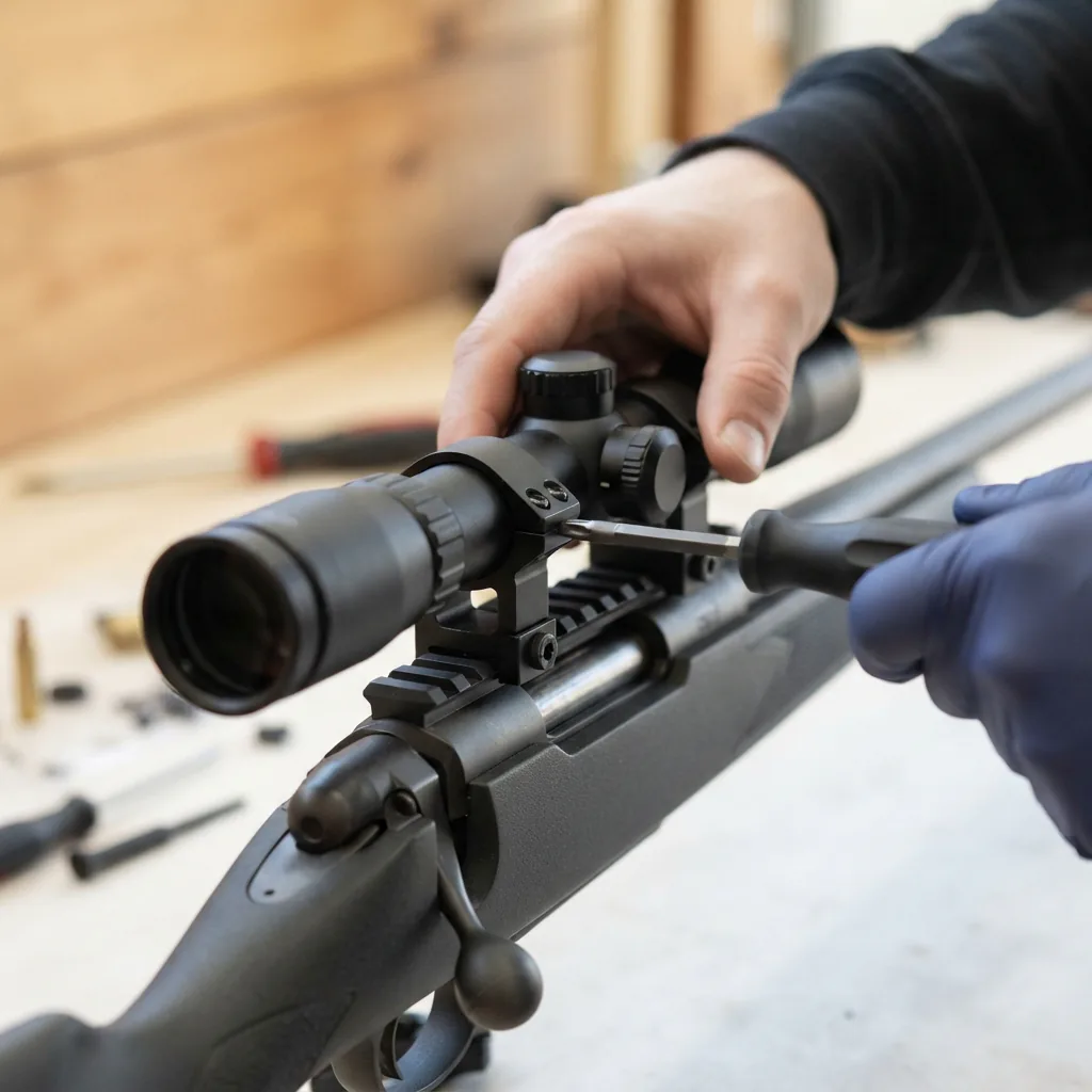 A person using a screwdriver to secure the included Weaver rings, mounting the Simmons ProTarget scope onto a rifle rail.