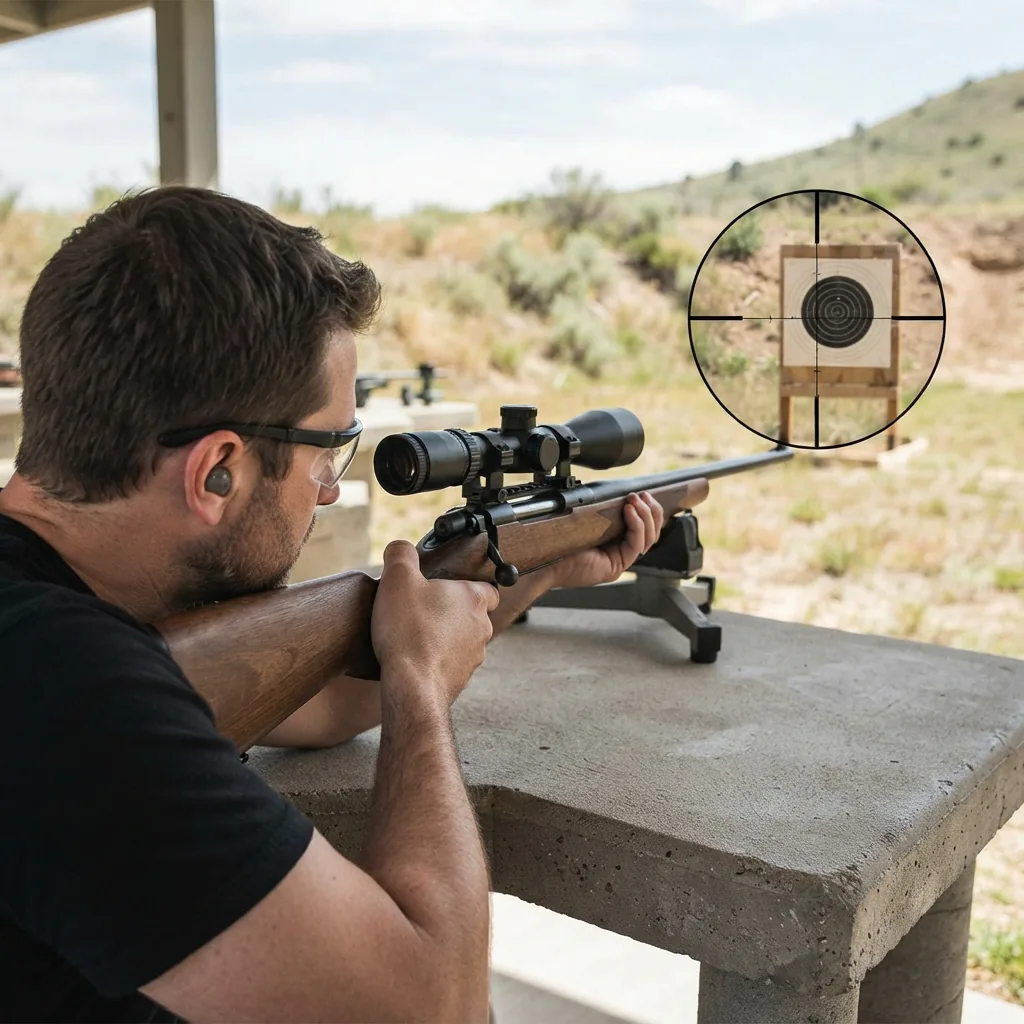 A shooter at an outdoor range aiming a rifle equipped with the Simmons ProTarget scope at a distant paper target.