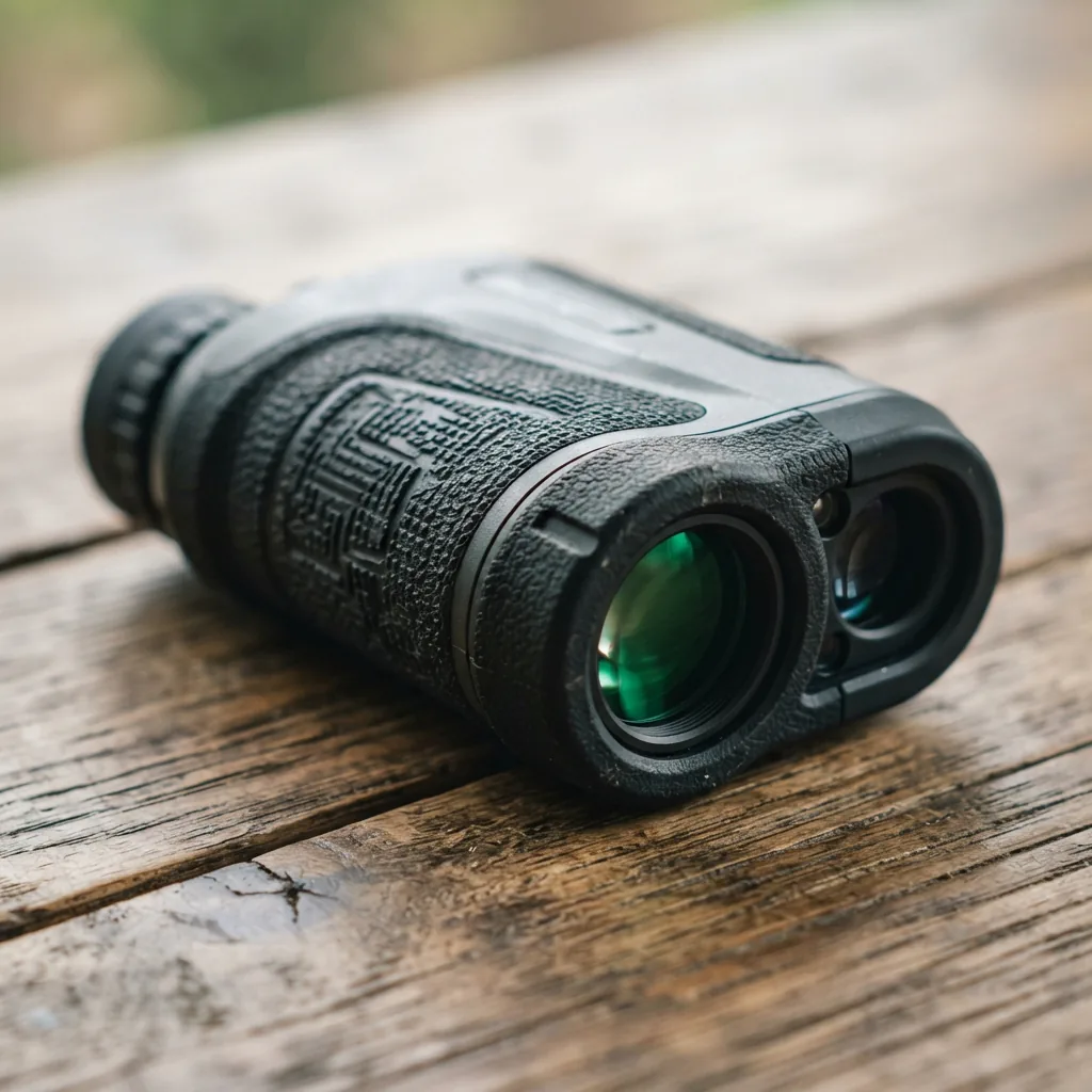Close-up of a rangefinder's multi-coated lens and textured grip.