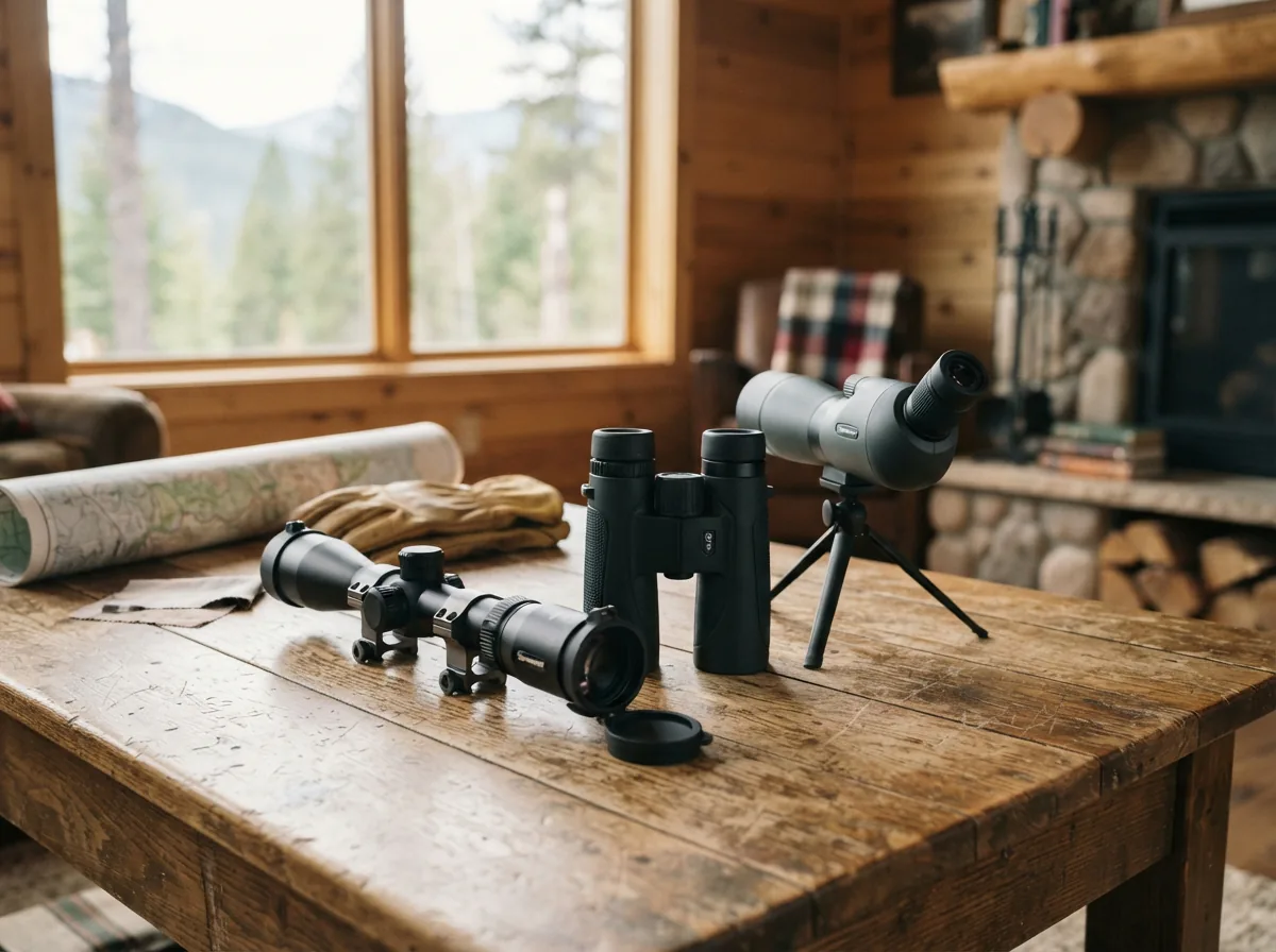 A collection of Simmons optics on a wooden table in a cabin setting.