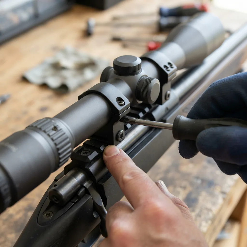 A pair of hands using a screwdriver to tighten the mounting rings on a Simmons Pro Rimfire Riflescope attached to a rifle.