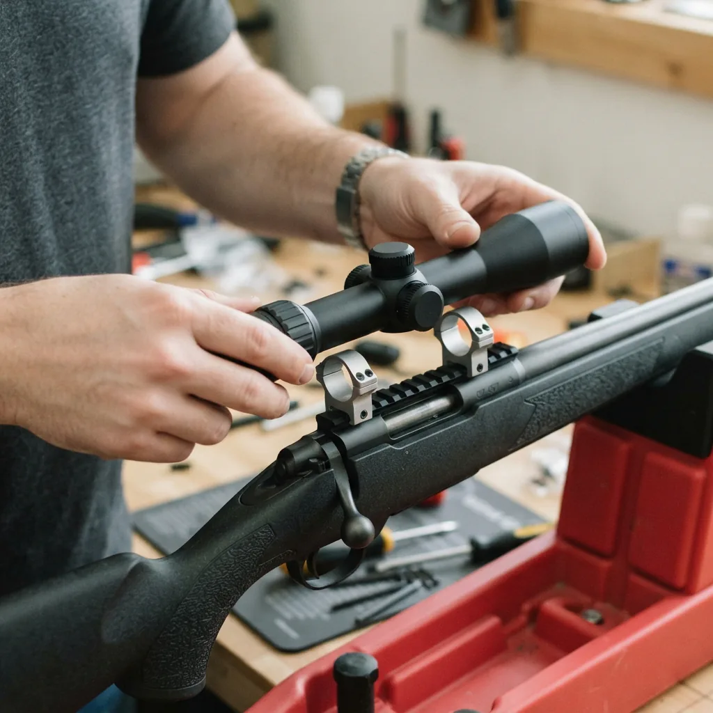The Simmons Pro Rimfire scope being positioned into the ring mounts on a rifle.