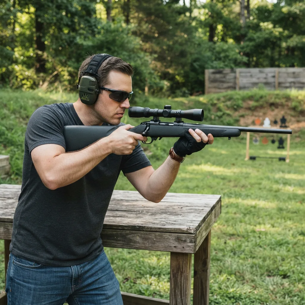A person safely plinking at targets with a .22 rifle fitted with a Simmons scope in a backyard setting