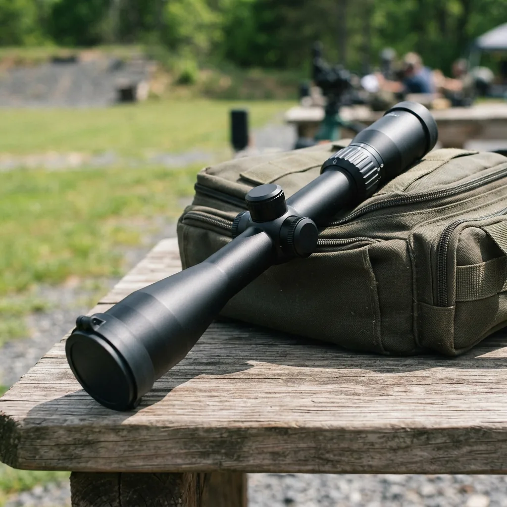 Simmons Pro Target 3-9x40 Riflescope displayed with a shooting bag.