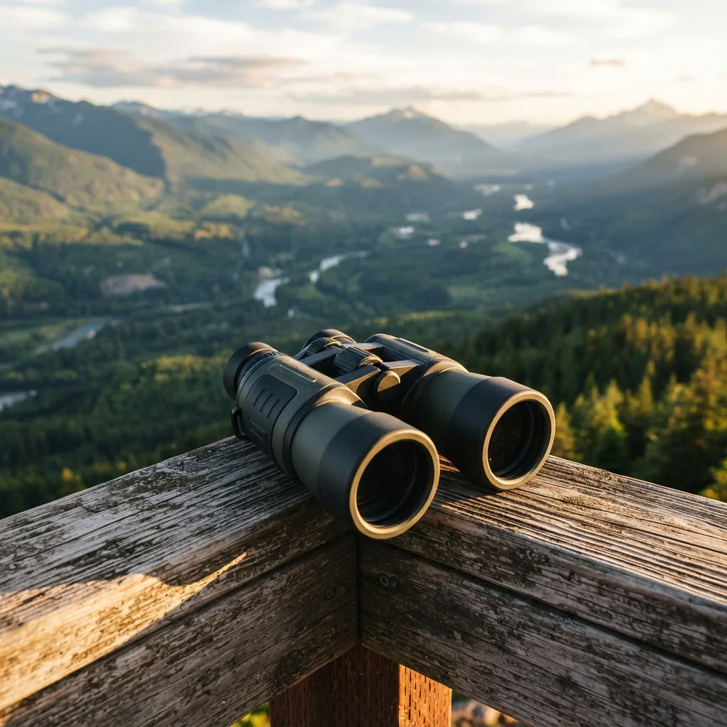 The PRO Hunter 12X50MM binocular set on a railing overlooking a distant valley.