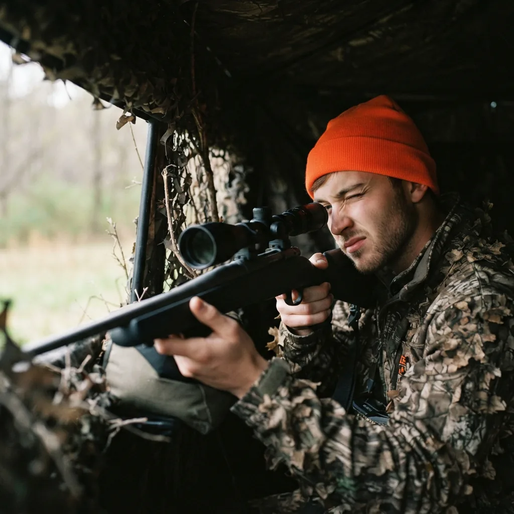 A young hunter looking through the Simmons scope on their rifle, positioned in a hunting blind.