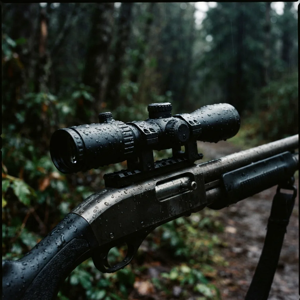A rugged scope showing water droplets on its surface, mounted on a firearm in a rainy environment.